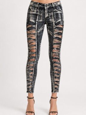Denimocracy Black Gold Shredded Cutout Stretch Skinny Jeans Size Large